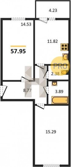 Двухкомнатная квартира 57.95 м²