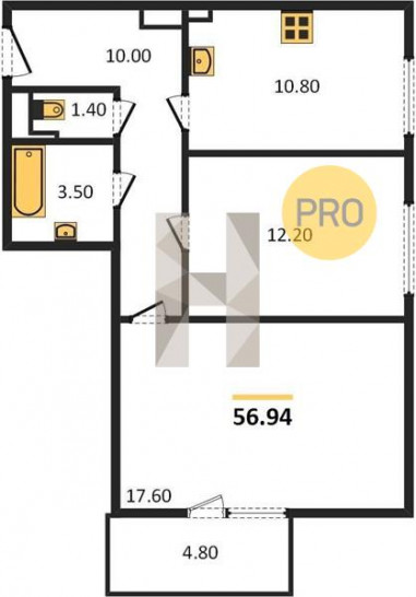 Двухкомнатная квартира 56.94 м²