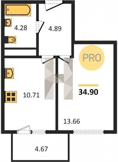 Однокомнатная квартира 34.9 м²
