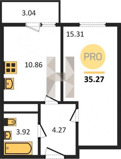 Однокомнатная квартира 35.27 м²
