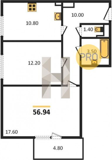 Двухкомнатная квартира 56.94 м²