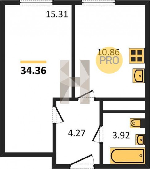 Однокомнатная квартира 34.36 м²