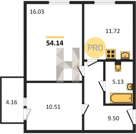 Двухкомнатная квартира 54.14 м²