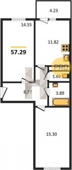 Двухкомнатная квартира 57.29 м²