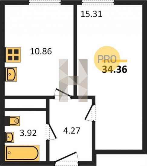 Однокомнатная квартира 34.36 м²