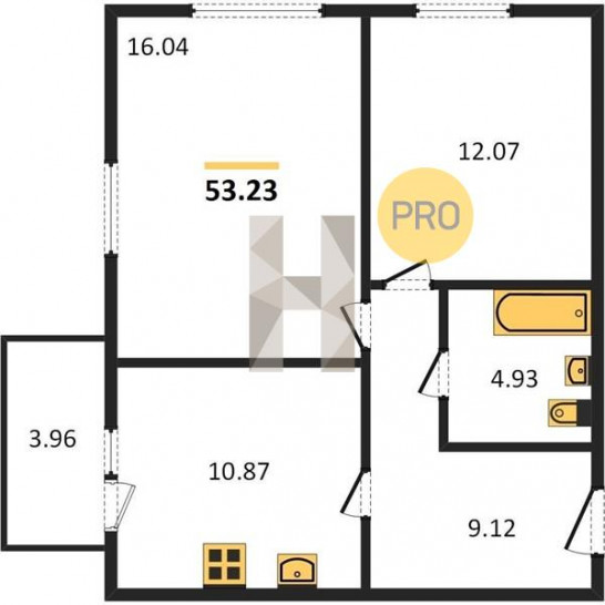 Двухкомнатная квартира 53.23 м²