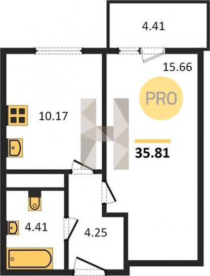 Однокомнатная квартира 35.81 м²
