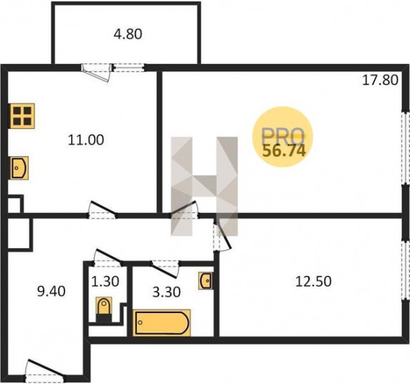 Двухкомнатная квартира 56.74 м²