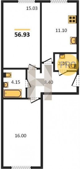 Двухкомнатная квартира 56.93 м²