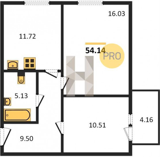 Двухкомнатная квартира 54.14 м²