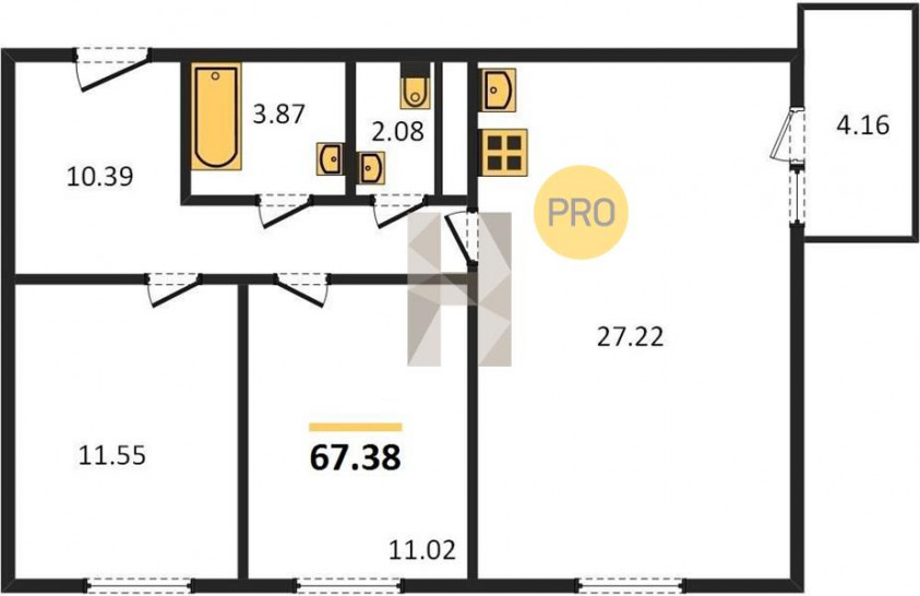 Двухкомнатная квартира 67.38 м²
