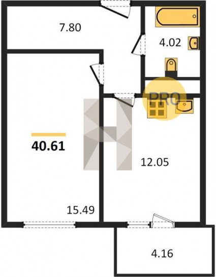Однокомнатная квартира 40.61 м²