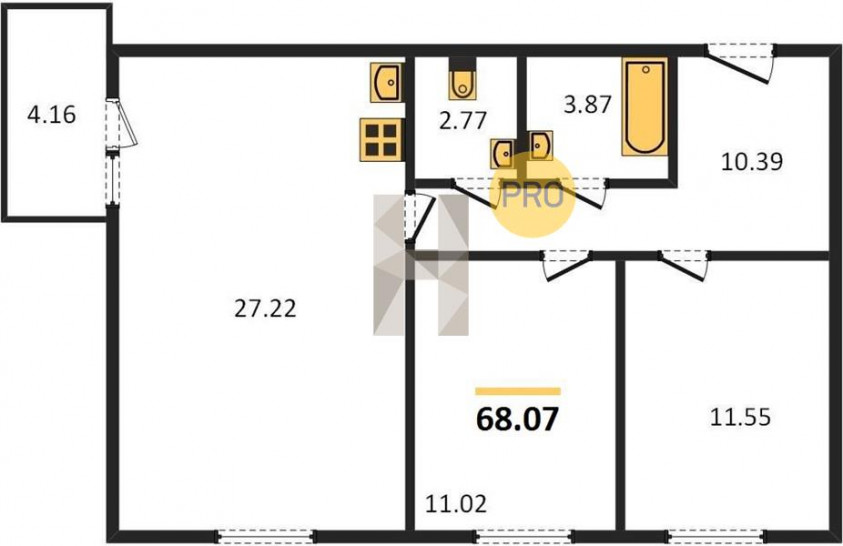 Двухкомнатная квартира 68.07 м²