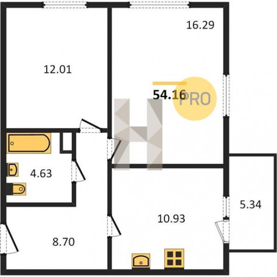 Двухкомнатная квартира 54.16 м²