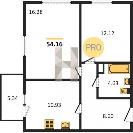 Двухкомнатная квартира 54.16 м²
