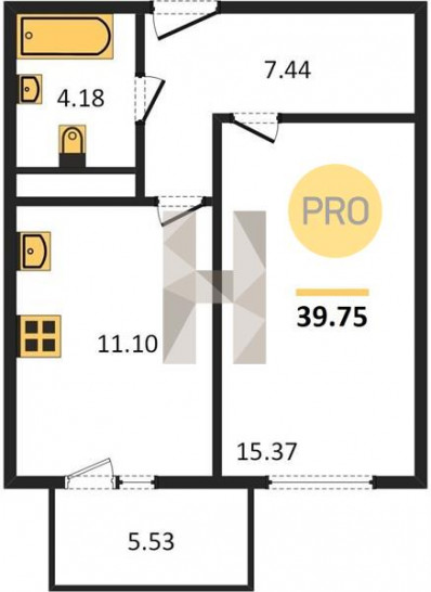 Однокомнатная квартира 39.75 м²