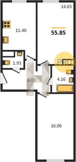 Двухкомнатная квартира 55.85 м²