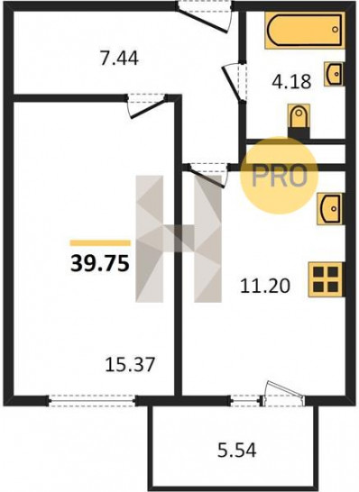 Однокомнатная квартира 39.75 м²