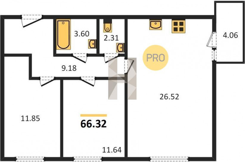 Двухкомнатная квартира 66.32 м²