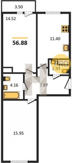 Двухкомнатная квартира 56.88 м²