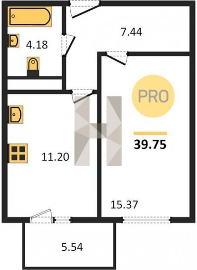 Однокомнатная квартира 39.75 м²
