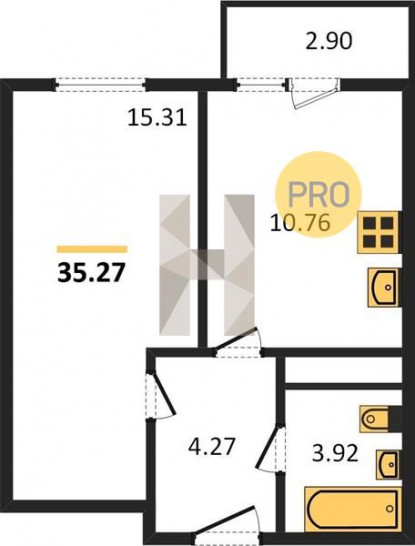 Однокомнатная квартира 35.27 м²