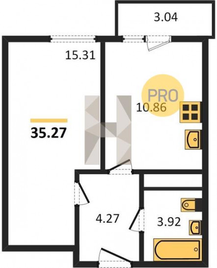 Однокомнатная квартира 35.27 м²