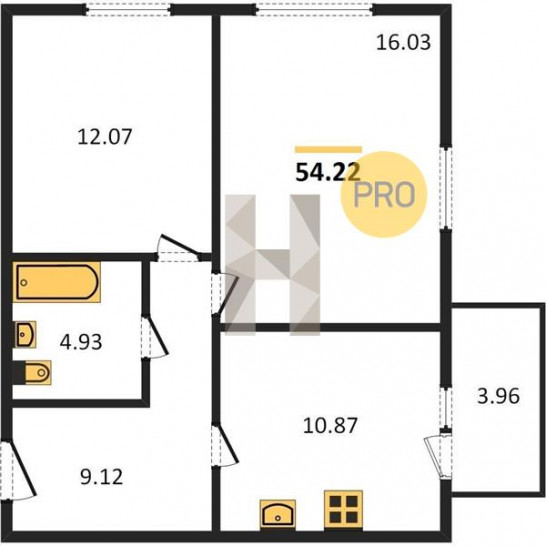 Двухкомнатная квартира 54.22 м²