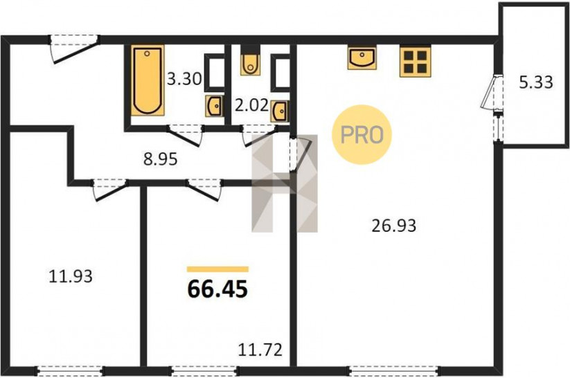 Двухкомнатная квартира 66.45 м²