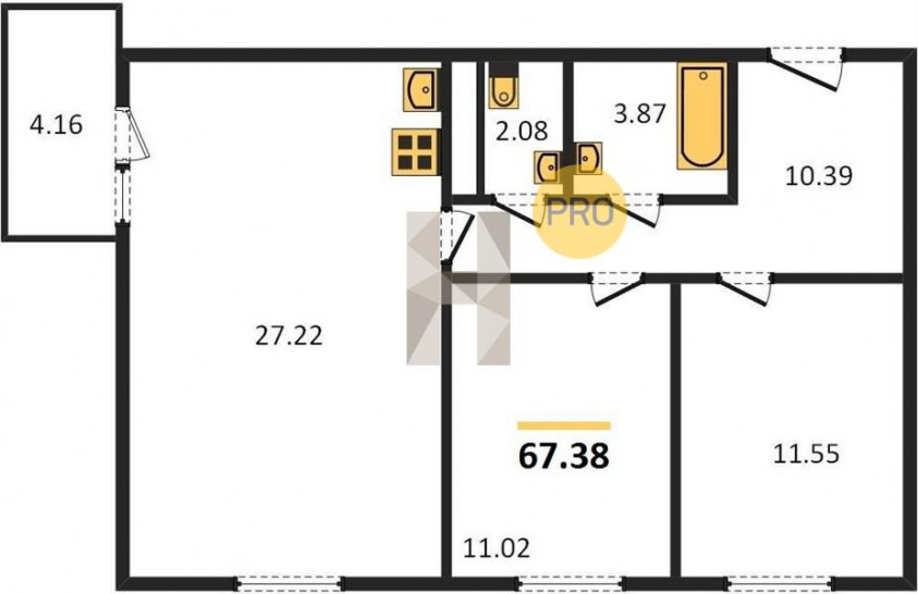 Двухкомнатная квартира 67.38 м²