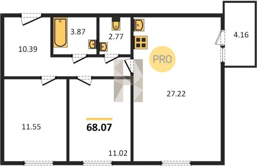 Двухкомнатная квартира 68.07 м²