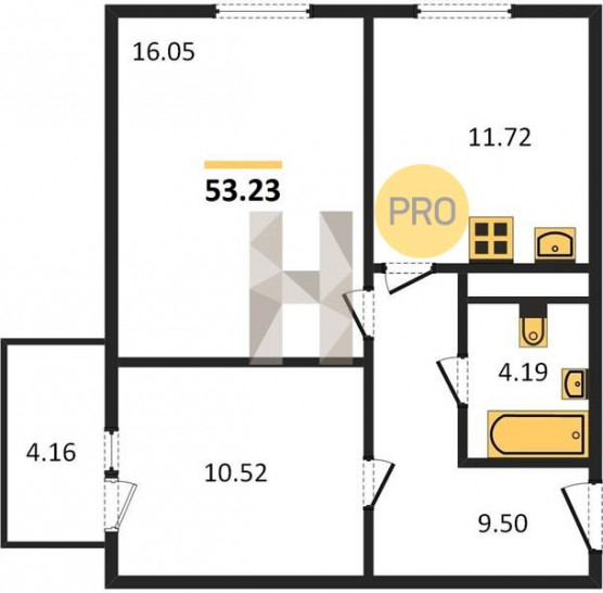 Двухкомнатная квартира 53.23 м²