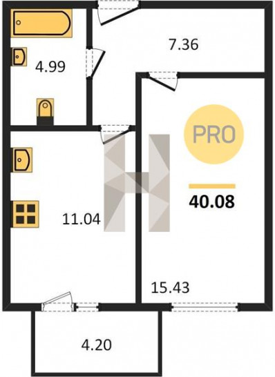 Однокомнатная квартира 40.08 м²
