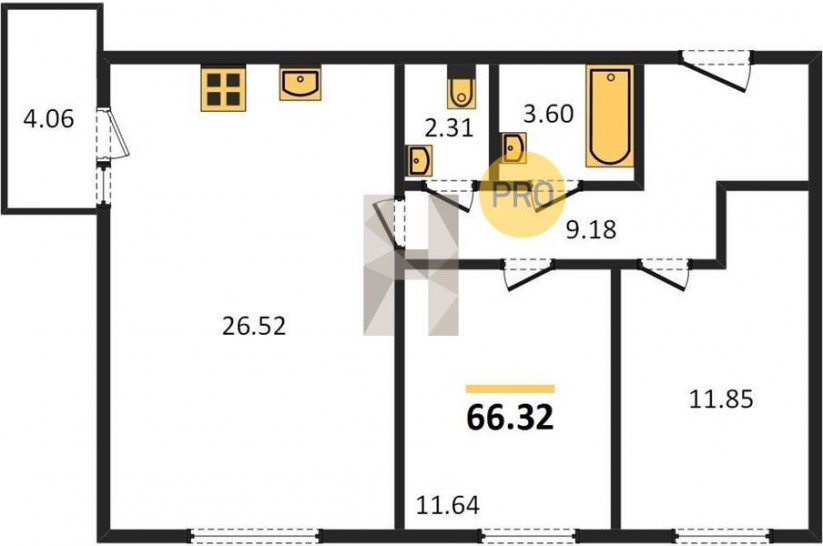 Двухкомнатная квартира 66.32 м²