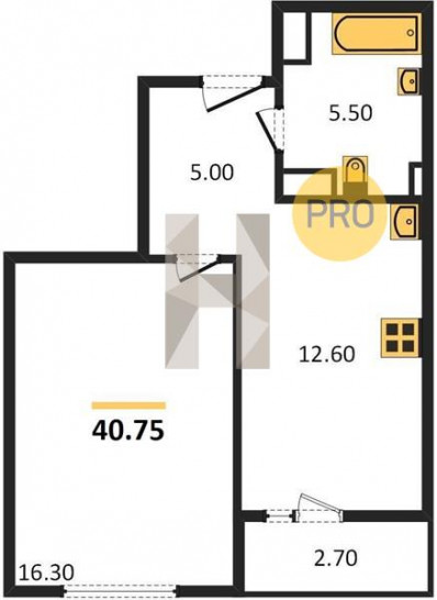 Однокомнатная квартира 40.75 м²