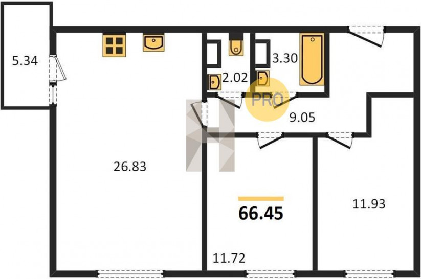 Двухкомнатная квартира 66.45 м²