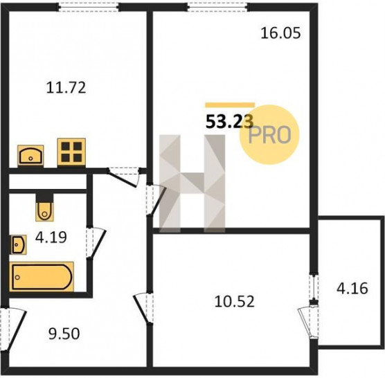 Двухкомнатная квартира 53.23 м²