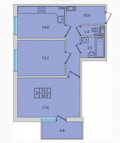 Двухкомнатная квартира 56.94 м²