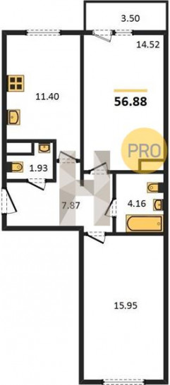Двухкомнатная квартира 56.88 м²