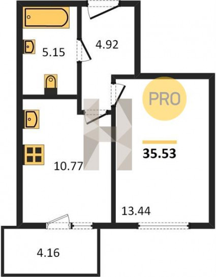 Однокомнатная квартира 35.53 м²