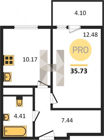 Однокомнатная квартира 35.73 м²