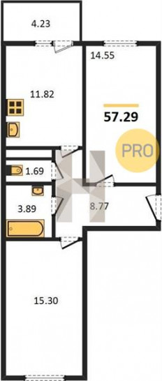 Двухкомнатная квартира 57.29 м²