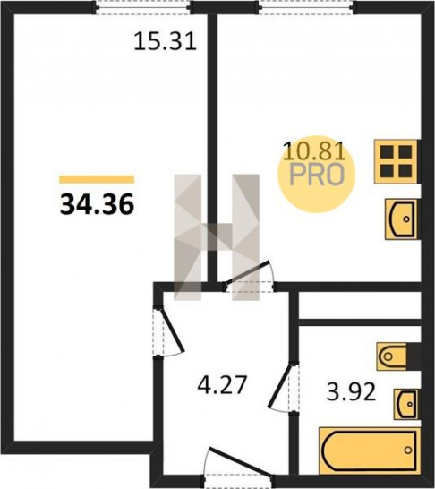 Однокомнатная квартира 34.36 м²