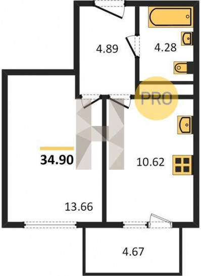 Однокомнатная квартира 34.9 м²