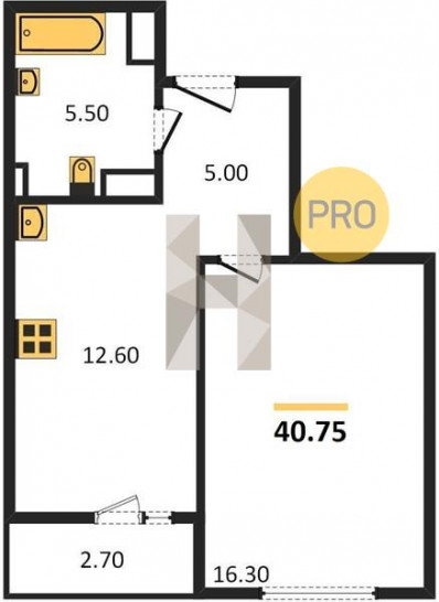Однокомнатная квартира 40.75 м²