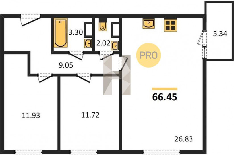 Двухкомнатная квартира 66.45 м²