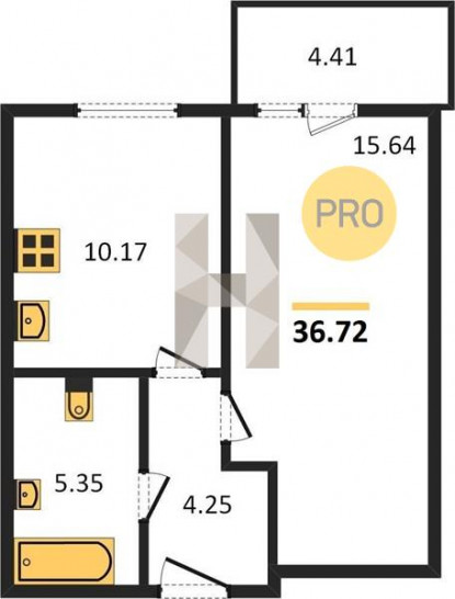 Однокомнатная квартира 36.72 м²