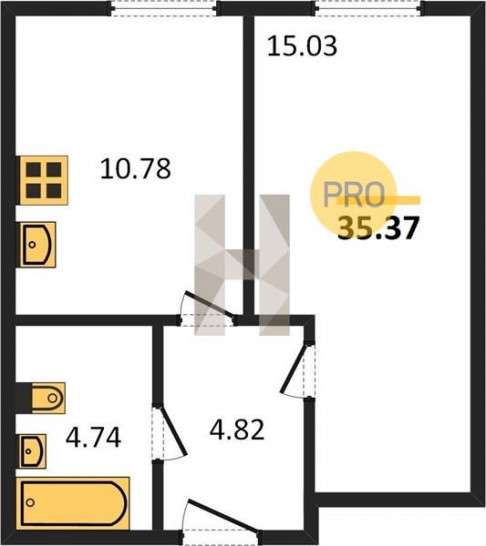 Однокомнатная квартира 35.37 м²